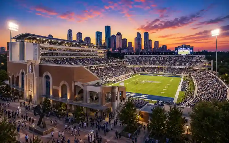 Rice Stadium in Houston during a college football game with fans filling the stands, players on the field under bright stadium lights, historic stadium architecture, and the Houston skyline visible at sunset in the background.